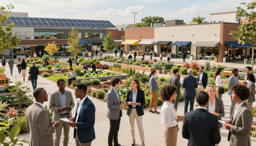 A vibrant urban community scene illustrating current trends in community development. In the foreground, diverse individuals of various ethnicities, dressed in professional business attire, engage in discussions and collaborative activities, showing enthusiasm and connection. In the middle ground, a mixed-use development featuring green spaces, coworking offices, and local shops, symbolizing sustainable growth and community involvement. The background boasts solar panels and community gardens, reflecting eco-friendly practices. Soft, warm daylight illuminates the scene, creating an inviting atmosphere. A wide-angle view captures the lively interaction, emphasizing a sense of unity and innovation in community development. The overall mood is optimistic and forward-thinking, showcasing a thriving neighborhood committed to collaboration and sustainability. A vibrant urban community scene illustrating current trends in community development. In the foreground, diverse individuals of various ethnicities, dressed in professional business attire, engage in discussions and collaborative activities, showing enthusiasm and connection. In the middle ground, a mixed-use development featuring green spaces, coworking offices, and local shops, symbolizing sustainable growth and community involvement. The background boasts solar panels and community gardens, reflecting eco-friendly practices. Soft, warm daylight illuminates the scene, creating an inviting atmosphere. A wide-angle view captures the lively interaction, emphasizing a sense of unity and innovation in community development. The overall mood is optimistic and forward-thinking, showcasing a thriving neighborhood committed to collaboration and sustainability.