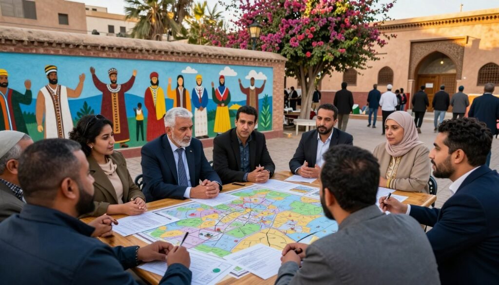 A vibrant urban community scene in Morocco, showcasing local citizens engaging in a group discussion around a large wooden table adorned with community maps and planning documents. In the foreground, a diverse group of men and women in professional attire or modest casual clothing express their thoughts passionately. The middle ground features a colorful mural representing local culture and unity, while a backdrop of blossoming trees and traditional Moroccan architecture is visible, symbolizing growth and development. The lighting is warm and inviting, creating a hopeful and collaborative atmosphere. The camera angle is slightly above eye level, capturing the dynamics of the interaction and the vibrant surroundings. A vibrant urban community scene in Morocco, showcasing local citizens engaging in a group discussion around a large wooden table adorned with community maps and planning documents. In the foreground, a diverse group of men and women in professional attire or modest casual clothing express their thoughts passionately. The middle ground features a colorful mural representing local culture and unity, while a backdrop of blossoming trees and traditional Moroccan architecture is visible, symbolizing growth and development. The lighting is warm and inviting, creating a hopeful and collaborative atmosphere. The camera angle is slightly above eye level, capturing the dynamics of the interaction and the vibrant surroundings.