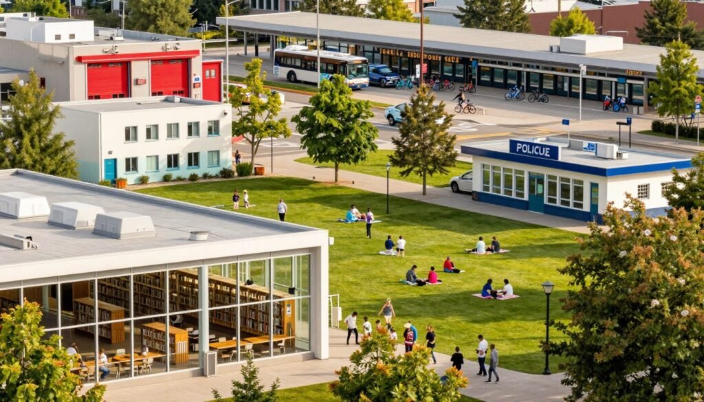 A vibrant urban landscape showcasing various types of public facilities. In the foreground, a modern library with large glass windows and inviting outdoor seating areas. The middle ground features a community park with children playing and families picnicking, alongside a medical clinic and a police station with clear signage. The background displays a bustling fire station and a contemporary public transportation hub, with buses and bikes available for users. The scene is illuminated by warm, sunny lighting, casting bright colors that evoke a sense of community and accessibility. Use a wide-angle perspective to capture the diverse facilities while maintaining a sense of harmony in the urban environment, reflecting a welcoming and safe atmosphere. A vibrant urban landscape showcasing various types of public facilities. In the foreground, a modern library with large glass windows and inviting outdoor seating areas. The middle ground features a community park with children playing and families picnicking, alongside a medical clinic and a police station with clear signage. The background displays a bustling fire station and a contemporary public transportation hub, with buses and bikes available for users. The scene is illuminated by warm, sunny lighting, casting bright colors that evoke a sense of community and accessibility. Use a wide-angle perspective to capture the diverse facilities while maintaining a sense of harmony in the urban environment, reflecting a welcoming and safe atmosphere.