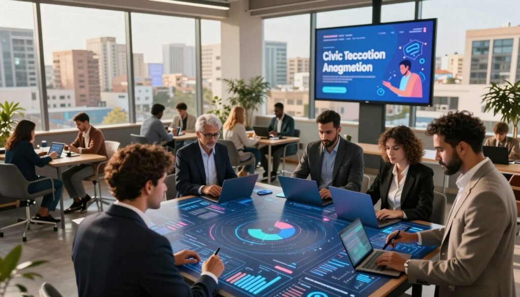 A vibrant urban scene depicting the role of technology in empowering digital participation. In the foreground, a diverse group of professionals dressed in business attire is gathered around a large digital screen, actively engaging with interactive data visualizations and graphs. In the middle ground, people of various ages are using laptops and tablets in a co-working space, showing collaboration and communication. The background presents a modern city skyline with digital billboards showcasing civic engagement initiatives. Soft, natural lighting filters through large windows, casting a warm glow on the scene, creating an inviting atmosphere. The angle is slightly elevated, offering a panoramic view of this harmonious blend of technology and community engagement in Morocco. A vibrant urban scene depicting the role of technology in empowering digital participation. In the foreground, a diverse group of professionals dressed in business attire is gathered around a large digital screen, actively engaging with interactive data visualizations and graphs. In the middle ground, people of various ages are using laptops and tablets in a co-working space, showing collaboration and communication. The background presents a modern city skyline with digital billboards showcasing civic engagement initiatives. Soft, natural lighting filters through large windows, casting a warm glow on the scene, creating an inviting atmosphere. The angle is slightly elevated, offering a panoramic view of this harmonious blend of technology and community engagement in Morocco.