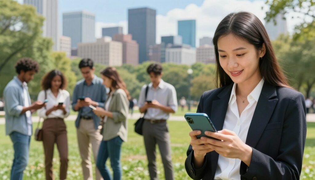 A vibrant urban setting showcasing a diverse group of individuals engaging with their smartphones and tablets, representing various demographics and ethnicities. In the foreground, a young woman in professional business attire enthusiastically interacts with her device, her face illuminated by the screen's glow, reflecting joy and connection. The middle ground features a lively park scene with people gathered in small clusters, deep in discussion, while others are actively posting on social media, symbolizing the fusion of technology and public participation. In the background, a modern city skyline under a bright, blue sky. The atmosphere is dynamic and collaborative, emphasizing the positive impact of social media on community engagement. Soft natural lighting enhances the scene, giving it an optimistic outlook on participatory democracy. A vibrant urban setting showcasing a diverse group of individuals engaging with their smartphones and tablets, representing various demographics and ethnicities. In the foreground, a young woman in professional business attire enthusiastically interacts with her device, her face illuminated by the screen's glow, reflecting joy and connection. The middle ground features a lively park scene with people gathered in small clusters, deep in discussion, while others are actively posting on social media, symbolizing the fusion of technology and public participation. In the background, a modern city skyline under a bright, blue sky. The atmosphere is dynamic and collaborative, emphasizing the positive impact of social media on community engagement. Soft natural lighting enhances the scene, giving it an optimistic outlook on participatory democracy.
