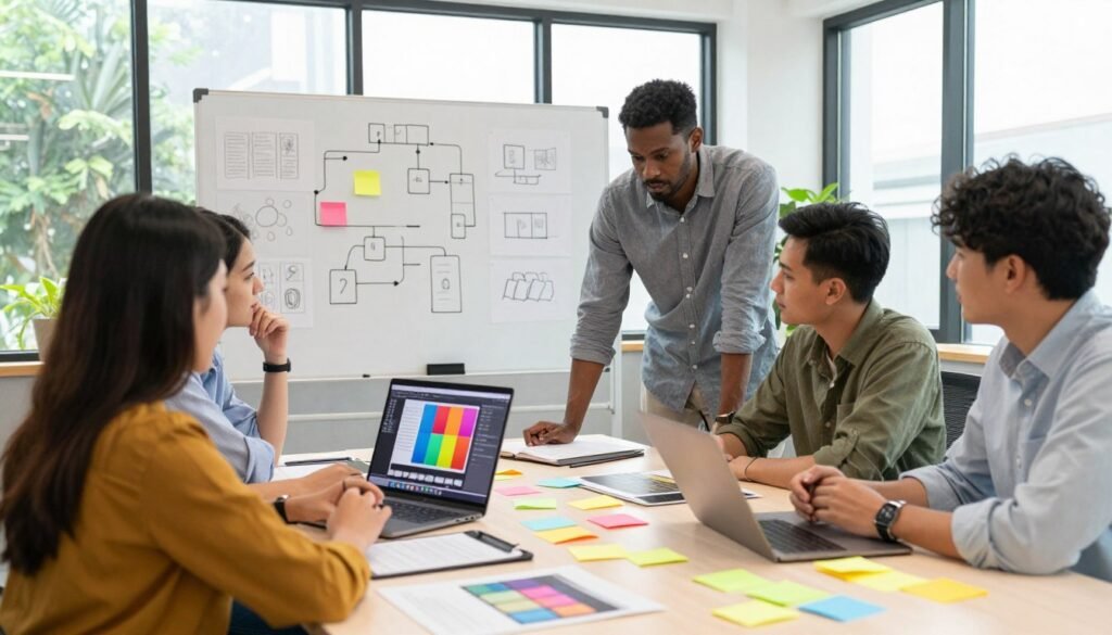 A vibrant workplace scene showcasing a diverse team collaborating to foster creativity. In the foreground, a group of four individuals—two women and two men—engaged in a brainstorming session around a large table, covered with colorful sticky notes and design prototypes. They are dressed in smart casual attire. The middle ground features a whiteboard filled with sketches and flowcharts, while a laptop with a colorful design software interface is visible. The background includes large windows allowing natural light to flood the room, with greenery outside enhancing the fresh atmosphere. The mood is dynamic and inspiring, emphasizing teamwork, innovation, and the exchange of ideas. Capture this scene with a wide-angle lens to convey openness and collaboration. A vibrant workplace scene showcasing a diverse team collaborating to foster creativity. In the foreground, a group of four individuals—two women and two men—engaged in a brainstorming session around a large table, covered with colorful sticky notes and design prototypes. They are dressed in smart casual attire. The middle ground features a whiteboard filled with sketches and flowcharts, while a laptop with a colorful design software interface is visible. The background includes large windows allowing natural light to flood the room, with greenery outside enhancing the fresh atmosphere. The mood is dynamic and inspiring, emphasizing teamwork, innovation, and the exchange of ideas. Capture this scene with a wide-angle lens to convey openness and collaboration.