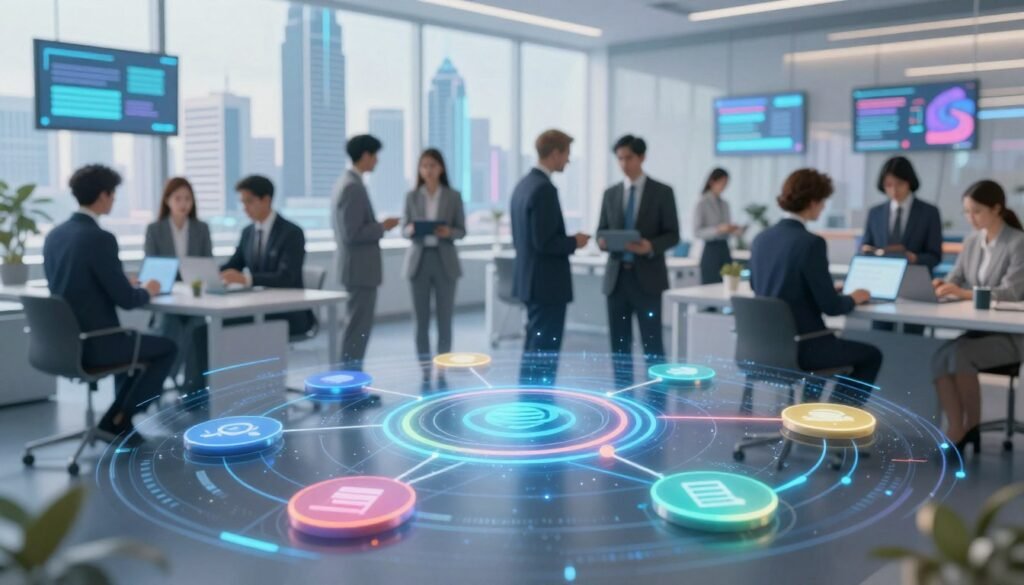 A visually dynamic representation of a "Digital Government Maturity Model." In the foreground, display an abstract digital interface with colorful, interconnected nodes symbolizing various services like e-governance, online citizen services, and data management. In the middle ground, depict diverse professionals in business attire collaborating with digital devices, showcasing teamwork in a modern office environment. The background should feature a futuristic city skyline with sleek buildings and digital billboards, illustrating a tech-savvy society. Use soft, ethereal lighting to evoke a sense of innovation and progress. Capture the scene from a slightly elevated angle to provide depth and perspective, conveying an atmosphere of optimism and forward-thinking in the realm of digital governance. A visually dynamic representation of a "Digital Government Maturity Model." In the foreground, display an abstract digital interface with colorful, interconnected nodes symbolizing various services like e-governance, online citizen services, and data management. In the middle ground, depict diverse professionals in business attire collaborating with digital devices, showcasing teamwork in a modern office environment. The background should feature a futuristic city skyline with sleek buildings and digital billboards, illustrating a tech-savvy society. Use soft, ethereal lighting to evoke a sense of innovation and progress. Capture the scene from a slightly elevated angle to provide depth and perspective, conveying an atmosphere of optimism and forward-thinking in the realm of digital governance.