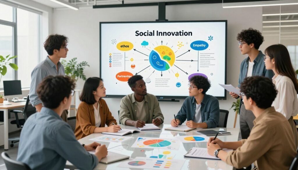A visually engaging composition illustrating the core principles and frameworks of social innovation. In the foreground, diverse professionals in smart casual attire are gathered around a transparent table, discussing charts and diagrams that symbolize creative problem-solving and collaborative efforts. The middle ground features a large interactive whiteboard filled with colorful mind maps and symbols representing ethos, empathy, and partnerships. In the background, a bright, modern office space reflects an atmosphere of innovation, with green plants and large windows allowing natural light to flood in. Use a wide-angle lens perspective to create depth, emphasizing teamwork and dynamic interaction. The mood is inspirational and optimistic, conveying the essence of positive change through collaborative innovation. A visually engaging composition illustrating the core principles and frameworks of social innovation. In the foreground, diverse professionals in smart casual attire are gathered around a transparent table, discussing charts and diagrams that symbolize creative problem-solving and collaborative efforts. The middle ground features a large interactive whiteboard filled with colorful mind maps and symbols representing ethos, empathy, and partnerships. In the background, a bright, modern office space reflects an atmosphere of innovation, with green plants and large windows allowing natural light to flood in. Use a wide-angle lens perspective to create depth, emphasizing teamwork and dynamic interaction. The mood is inspirational and optimistic, conveying the essence of positive change through collaborative innovation.