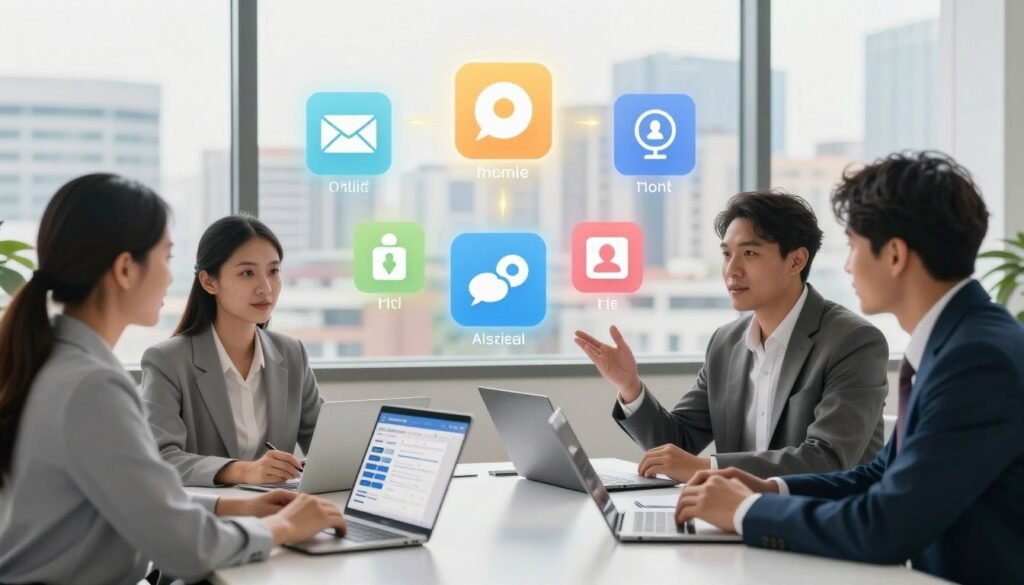 A visually engaging illustration depicting multiple reporting channels for public concerns. In the foreground, a diverse group of three professionals, one woman and two men, are engaged in a discussion at a sleek, modern desk with laptops and tablets opened, showcasing various reporting apps and websites. The middle layer features a vibrant digital interface displaying icons for email, hotline, social media, and in-person reporting, highlighted with glowing effects to indicate interactivity. In the background, a large window reveals a cityscape, filtered through warm natural light, enhancing a sense of openness and accessibility. The overall mood is proactive and collaborative, inviting viewers to participate in community engagement, with a focus on professionalism and modernity. A visually engaging illustration depicting multiple reporting channels for public concerns. In the foreground, a diverse group of three professionals, one woman and two men, are engaged in a discussion at a sleek, modern desk with laptops and tablets opened, showcasing various reporting apps and websites. The middle layer features a vibrant digital interface displaying icons for email, hotline, social media, and in-person reporting, highlighted with glowing effects to indicate interactivity. In the background, a large window reveals a cityscape, filtered through warm natural light, enhancing a sense of openness and accessibility. The overall mood is proactive and collaborative, inviting viewers to participate in community engagement, with a focus on professionalism and modernity.