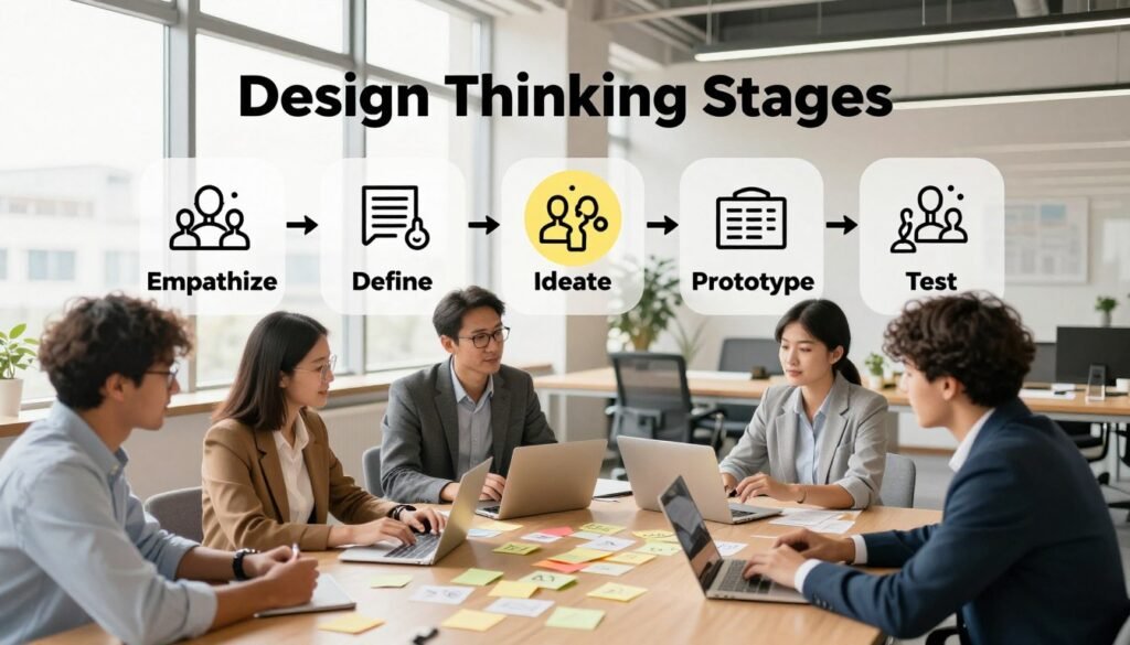 A visually engaging illustration of "Design Thinking Stages," depicting the five key phases: Empathize, Define, Ideate, Prototype, Test. In the foreground, diverse professionals in business attire brainstorm and collaborate around a large table, surrounded by sticky notes and digital devices. In the middle ground, icons representing each stage are highlighted, showing a clear path from user research to rapid prototyping. The background features a bright, airy office space, filled with large windows allowing natural light to flood in, creating an uplifting atmosphere. Use a warm color palette to evoke creativity and innovation, with a slight tilt-angle perspective to add depth. The overall mood is collaborative and motivating, perfect for illustrating a developmental process that builds stronger communities through thoughtful design. A visually engaging illustration of "Design Thinking Stages," depicting the five key phases: Empathize, Define, Ideate, Prototype, Test. In the foreground, diverse professionals in business attire brainstorm and collaborate around a large table, surrounded by sticky notes and digital devices. In the middle ground, icons representing each stage are highlighted, showing a clear path from user research to rapid prototyping. The background features a bright, airy office space, filled with large windows allowing natural light to flood in, creating an uplifting atmosphere. Use a warm color palette to evoke creativity and innovation, with a slight tilt-angle perspective to add depth. The overall mood is collaborative and motivating, perfect for illustrating a developmental process that builds stronger communities through thoughtful design.
