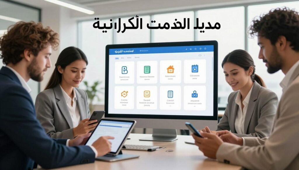 A visually engaging image illustrating "دليل الخدمات الإلكترونية" for electronic governmental services. The foreground features a diverse group of three professionals, dressed in smart business attire, engaging with various digital devices such as tablets and smartphones. In the middle, a large touchscreen display showcases icons representing different electronic services, such as healthcare, education, and public safety. The background depicts a modern office environment with soft, natural lighting filtering through large windows, creating a warm and inviting atmosphere. The composition incorporates a perspective that emphasizes interaction and accessibility, evoking a sense of community and support. The overall mood is uplifting and progressive, reflecting the advancement of technology in public service. A visually engaging image illustrating "دليل الخدمات الإلكترونية" for electronic governmental services. The foreground features a diverse group of three professionals, dressed in smart business attire, engaging with various digital devices such as tablets and smartphones. In the middle, a large touchscreen display showcases icons representing different electronic services, such as healthcare, education, and public safety. The background depicts a modern office environment with soft, natural lighting filtering through large windows, creating a warm and inviting atmosphere. The composition incorporates a perspective that emphasizes interaction and accessibility, evoking a sense of community and support. The overall mood is uplifting and progressive, reflecting the advancement of technology in public service.