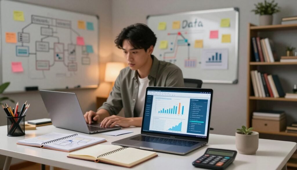 A visually engaging workspace showcasing key techniques and tools in data analysis. In the foreground, a modern desk with a laptop displaying data visualizations such as graphs and charts, surrounded by various tools like a notebook, a calculator, and data flow diagrams. In the middle ground, a professional data analyst, dressed in business casual attire, focused on the screen, with clear expressions of curiosity and engagement. The background features a whiteboard filled with colorful notes and flowcharts illustrating data analysis processes. Soft, ambient lighting creates a warm and inviting atmosphere, while a well-organized bookshelf with analytical books enhances the professional setting. A wide-angle perspective captures the entire scene, emphasizing the collaborative environment of data analysis. A visually engaging workspace showcasing key techniques and tools in data analysis. In the foreground, a modern desk with a laptop displaying data visualizations such as graphs and charts, surrounded by various tools like a notebook, a calculator, and data flow diagrams. In the middle ground, a professional data analyst, dressed in business casual attire, focused on the screen, with clear expressions of curiosity and engagement. The background features a whiteboard filled with colorful notes and flowcharts illustrating data analysis processes. Soft, ambient lighting creates a warm and inviting atmosphere, while a well-organized bookshelf with analytical books enhances the professional setting. A wide-angle perspective captures the entire scene, emphasizing the collaborative environment of data analysis.
