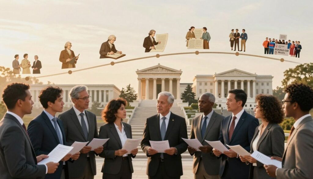 A visually striking depiction of the historical evolution of citizenship and civic engagement. In the foreground, a diverse group of individuals in professional business attire—men and women of various ethnicities—are engaged in discussion, holding documents that represent key historical milestones in citizenship rights. In the middle ground, icons of democracy, such as ancient Greek columns and modern legislative buildings, symbolize the timeline of civic engagement. The background features a timeline that transitions from historical scenes, like the signing of significant legal documents, to contemporary protests advocating for rights. Soft golden-hour lighting bathes the scene, creating a hopeful and inspiring atmosphere. A slightly elevated angle captures the depth and complexity of citizenship through time, inviting the viewer to explore the evolution of civic responsibility. A visually striking depiction of the historical evolution of citizenship and civic engagement. In the foreground, a diverse group of individuals in professional business attire—men and women of various ethnicities—are engaged in discussion, holding documents that represent key historical milestones in citizenship rights. In the middle ground, icons of democracy, such as ancient Greek columns and modern legislative buildings, symbolize the timeline of civic engagement. The background features a timeline that transitions from historical scenes, like the signing of significant legal documents, to contemporary protests advocating for rights. Soft golden-hour lighting bathes the scene, creating a hopeful and inspiring atmosphere. A slightly elevated angle captures the depth and complexity of citizenship through time, inviting the viewer to explore the evolution of civic responsibility.