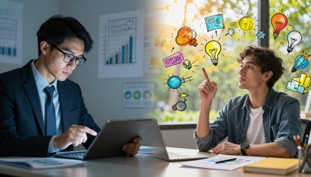 A visually striking split-image composition representing the comparison between critical and creative thinking. On the left side, depict a focused professional in business attire, analyzing data on a digital tablet, surrounded by flowcharts and graphs under cool, blue lighting, exuding a sense of logic and structure. On the right side, illustrate a relaxed thinker in casual clothing, surrounded by vibrant colors and imaginative sketches, tapping into ideas with an inspiring view of nature. The middle ground should gradually blend the two contrasting environments, symbolizing the connection between the two types of thinking. Use a shallow depth of field to emphasize the subject's expressions, with warm sunlight filtering through trees in the background, creating an atmosphere of innovation and clarity. A visually striking split-image composition representing the comparison between critical and creative thinking. On the left side, depict a focused professional in business attire, analyzing data on a digital tablet, surrounded by flowcharts and graphs under cool, blue lighting, exuding a sense of logic and structure. On the right side, illustrate a relaxed thinker in casual clothing, surrounded by vibrant colors and imaginative sketches, tapping into ideas with an inspiring view of nature. The middle ground should gradually blend the two contrasting environments, symbolizing the connection between the two types of thinking. Use a shallow depth of field to emphasize the subject's expressions, with warm sunlight filtering through trees in the background, creating an atmosphere of innovation and clarity.