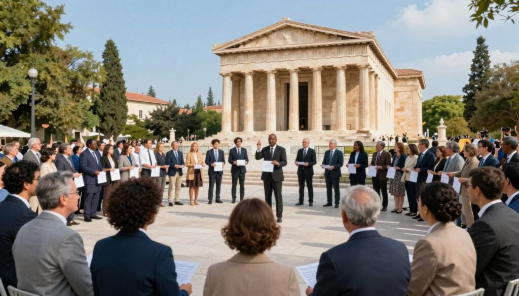 A vivid representation of historical examples of direct democracy, featuring a diverse assembly of citizens gathered in a vibrant town square. In the foreground, individuals of various ethnic backgrounds, dressed in professional business attire and modest casual clothing, enthusiastically engage in discussions and vote on issues. In the middle ground, a historic building, reminiscent of ancient Greek architecture, serves as a backdrop, symbolizing the birthplace of democracy. The background showcases lush greenery and a clear blue sky, enhancing the uplifting atmosphere of civic participation. The scene is illuminated by warm, natural sunlight, creating a sense of hope and empowerment. The perspective is slightly elevated, capturing the energy of the crowd and the majestic architecture, inviting viewers to reflect on the importance of direct democracy in shaping communities. A vivid representation of historical examples of direct democracy, featuring a diverse assembly of citizens gathered in a vibrant town square. In the foreground, individuals of various ethnic backgrounds, dressed in professional business attire and modest casual clothing, enthusiastically engage in discussions and vote on issues. In the middle ground, a historic building, reminiscent of ancient Greek architecture, serves as a backdrop, symbolizing the birthplace of democracy. The background showcases lush greenery and a clear blue sky, enhancing the uplifting atmosphere of civic participation. The scene is illuminated by warm, natural sunlight, creating a sense of hope and empowerment. The perspective is slightly elevated, capturing the energy of the crowd and the majestic architecture, inviting viewers to reflect on the importance of direct democracy in shaping communities.