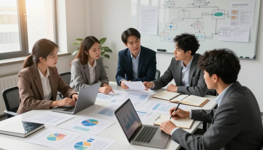A well-organized workspace featuring a diverse group of professionals collaboratively planning a comprehensive research project. In the foreground, a large table filled with charts, reports, and digital devices, illustrating the analytical process. In the middle ground, three individuals, dressed in professional attire, engaged in discussion, one pointing at a document while another takes notes. The background showcases a whiteboard with diagrams and flowcharts detailing planning steps for research. Soft, natural lighting filtering through large windows casts a warm glow, creating an inviting and focused atmosphere. The camera angle is slightly overhead, providing a clear view of the collaborative effort, emphasizing teamwork and strategy in academic research planning. A well-organized workspace featuring a diverse group of professionals collaboratively planning a comprehensive research project. In the foreground, a large table filled with charts, reports, and digital devices, illustrating the analytical process. In the middle ground, three individuals, dressed in professional attire, engaged in discussion, one pointing at a document while another takes notes. The background showcases a whiteboard with diagrams and flowcharts detailing planning steps for research. Soft, natural lighting filtering through large windows casts a warm glow, creating an inviting and focused atmosphere. The camera angle is slightly overhead, providing a clear view of the collaborative effort, emphasizing teamwork and strategy in academic research planning.