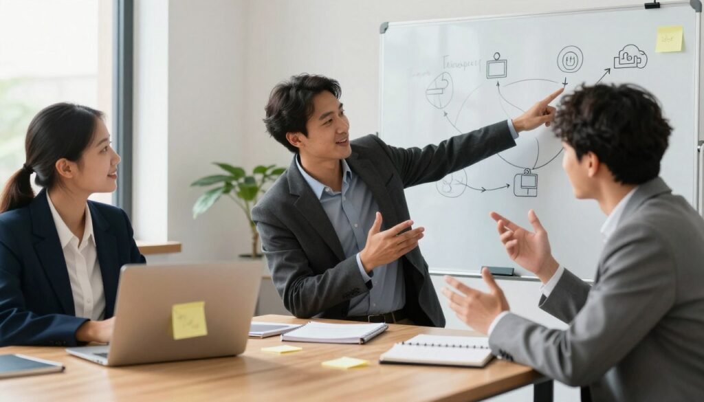 A well-organized workspace showcasing practical communication tips, featuring a diverse group of three professionals—two men and one woman—all in smart business attire, engaged in a lively discussion. The foreground includes a table with sticky notes, a laptop, and a notebook, symbolizing brainstorming and collaboration. In the middle, the individuals are animatedly interacting, conveying positive body language and active listening, while one points to a visual aid on a whiteboard illustrating key communication techniques. The background shows an inviting office environment with soft, natural lighting filtering through large windows, creating a warm and collaborative atmosphere. The composition should evoke a sense of teamwork, growth, and engagement, emphasizing the importance of effective communication skills in professional settings. A well-organized workspace showcasing practical communication tips, featuring a diverse group of three professionals—two men and one woman—all in smart business attire, engaged in a lively discussion. The foreground includes a table with sticky notes, a laptop, and a notebook, symbolizing brainstorming and collaboration. In the middle, the individuals are animatedly interacting, conveying positive body language and active listening, while one points to a visual aid on a whiteboard illustrating key communication techniques. The background shows an inviting office environment with soft, natural lighting filtering through large windows, creating a warm and collaborative atmosphere. The composition should evoke a sense of teamwork, growth, and engagement, emphasizing the importance of effective communication skills in professional settings.