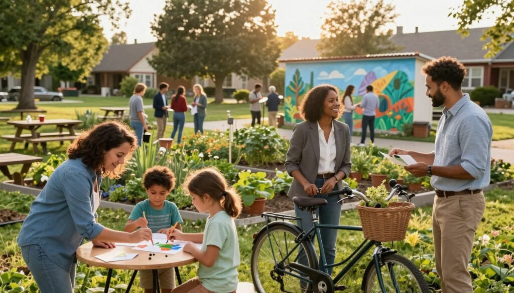 An engaging community gathering scene showcasing individuals actively using their personal skills for local projects. In the foreground, a diverse group of three people—one woman teaching children how to paint, a man fixing a bicycle, and another individual sharing gardening tips—are engaged and smiling, dressed in casual business attire. In the middle ground, a vibrant community garden and a small mural-in-progress come into view, with more people collaborating and sharing ideas. The background reveals a sunny neighborhood park with trees and picnic tables, enhancing the sense of community. Golden hour lighting bathes the scene, creating a warm and inviting atmosphere that emphasizes teamwork and empowerment. The image captures a spirit of collaboration and creativity, highlighting the positive impact of leveraging personal skills in community projects. An engaging community gathering scene showcasing individuals actively using their personal skills for local projects. In the foreground, a diverse group of three people—one woman teaching children how to paint, a man fixing a bicycle, and another individual sharing gardening tips—are engaged and smiling, dressed in casual business attire. In the middle ground, a vibrant community garden and a small mural-in-progress come into view, with more people collaborating and sharing ideas. The background reveals a sunny neighborhood park with trees and picnic tables, enhancing the sense of community. Golden hour lighting bathes the scene, creating a warm and inviting atmosphere that emphasizes teamwork and empowerment. The image captures a spirit of collaboration and creativity, highlighting the positive impact of leveraging personal skills in community projects.