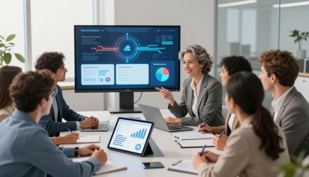 An illustrative scene showing a diverse group of professionals gathered around a sleek, modern conference table, engaged in vibrant discussions about digital government transformation. In the foreground, a middle-aged woman in a tailored suit points to a digital tablet displaying graphs and infographics. The middle section features a large digital screen showcasing success stories in government tech, with visual elements like data flow and user-friendly interfaces. The background reveals a high-tech office environment with large windows, letting in soft natural light, creating a warm and inspiring atmosphere. The camera angle is slightly tilted from above, adding depth to the scene. The mood is optimistic and forward-thinking, capturing the essence of progress in digital governance. An illustrative scene showing a diverse group of professionals gathered around a sleek, modern conference table, engaged in vibrant discussions about digital government transformation. In the foreground, a middle-aged woman in a tailored suit points to a digital tablet displaying graphs and infographics. The middle section features a large digital screen showcasing success stories in government tech, with visual elements like data flow and user-friendly interfaces. The background reveals a high-tech office environment with large windows, letting in soft natural light, creating a warm and inspiring atmosphere. The camera angle is slightly tilted from above, adding depth to the scene. The mood is optimistic and forward-thinking, capturing the essence of progress in digital governance.