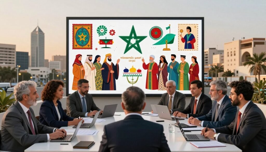 An intricate scene illustrating participatory democracy mechanisms in Morocco. In the foreground, a diverse group of professionals in business attire, engaged in a collaborative discussion around a table filled with documents and digital devices, symbolizing civic engagement. In the middle, a vibrant depiction of community members presenting ideas on a large screen, showcasing a variety of artistic and cultural elements representing Moroccan heritage. In the background, a modern cityscape of Moroccan architecture under soft, golden evening light, suggesting hope and progress. The overall mood is dynamic and optimistic, reflecting unity and collaboration in governance. The composition should be well-balanced and visually engaging, with focus on connections among the participants. An intricate scene illustrating participatory democracy mechanisms in Morocco. In the foreground, a diverse group of professionals in business attire, engaged in a collaborative discussion around a table filled with documents and digital devices, symbolizing civic engagement. In the middle, a vibrant depiction of community members presenting ideas on a large screen, showcasing a variety of artistic and cultural elements representing Moroccan heritage. In the background, a modern cityscape of Moroccan architecture under soft, golden evening light, suggesting hope and progress. The overall mood is dynamic and optimistic, reflecting unity and collaboration in governance. The composition should be well-balanced and visually engaging, with focus on connections among the participants.