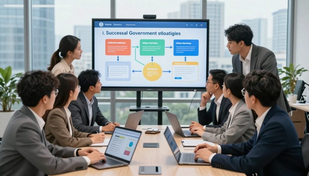 In a polished, modern office environment, a diverse group of professionals, dressed in business attire, collaborate around a large table while reviewing e-government workflow diagrams on laptops and tablets. The foreground features focused individuals deeply engaged in discussion, exchanging ideas with enthusiasm. In the middle ground, a large digital screen displays colorful infographics illustrating successful e-government adoption strategies, like user-friendly interfaces and online service integration. The background showcases glass windows revealing a city skyline, symbolizing connectivity and progress. Soft, natural lighting enhances the atmosphere, while a camera angle from slightly above captures the collaborative spirit and innovation of the scene, evoking a sense of optimism and forward-thinking in public service delivery. In a polished, modern office environment, a diverse group of professionals, dressed in business attire, collaborate around a large table while reviewing e-government workflow diagrams on laptops and tablets. The foreground features focused individuals deeply engaged in discussion, exchanging ideas with enthusiasm. In the middle ground, a large digital screen displays colorful infographics illustrating successful e-government adoption strategies, like user-friendly interfaces and online service integration. The background showcases glass windows revealing a city skyline, symbolizing connectivity and progress. Soft, natural lighting enhances the atmosphere, while a camera angle from slightly above captures the collaborative spirit and innovation of the scene, evoking a sense of optimism and forward-thinking in public service delivery.