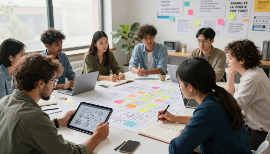 In a vibrant, collaborative workspace, a diverse group of people is gathered around a large table, brainstorming innovative ideas. The foreground features two individuals engaged in a focused discussion, one using a digital tablet to sketch concepts, while the other takes notes. In the middle ground, colorful sticky notes and blueprints are spread out across the table, illustrating the transformation of abstract thoughts into actionable plans. The background showcases a large window allowing soft, natural light to flood in, illuminating a wall filled with inspirational quotes and sketches. The atmosphere is energetic and optimistic, symbolizing creativity and teamwork. The scene is shot from a slightly elevated angle to capture both the details of the table and the expressions of collaboration, highlighting the theme of turning ideas into impactful reality. In a vibrant, collaborative workspace, a diverse group of people is gathered around a large table, brainstorming innovative ideas. The foreground features two individuals engaged in a focused discussion, one using a digital tablet to sketch concepts, while the other takes notes. In the middle ground, colorful sticky notes and blueprints are spread out across the table, illustrating the transformation of abstract thoughts into actionable plans. The background showcases a large window allowing soft, natural light to flood in, illuminating a wall filled with inspirational quotes and sketches. The atmosphere is energetic and optimistic, symbolizing creativity and teamwork. The scene is shot from a slightly elevated angle to capture both the details of the table and the expressions of collaboration, highlighting the theme of turning ideas into impactful reality.