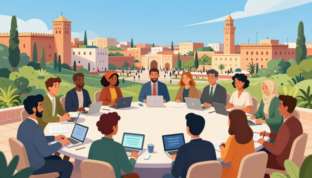 Vibrant illustration of community engagement showcasing the challenges and opportunities of popular participation in a democratic context. In the foreground, a diverse group of individuals, dressed in professional and modest casual attire, are engaged in a lively discussion, symbolizing collaboration. In the middle ground, a large round table filled with documents and digital devices, representing the digital aspect of participation. The background features a cityscape of Morocco, with iconic architecture and lush greenery, under a clear blue sky. Soft, warm lighting casts a hopeful mood, emphasizing optimism and unity. The perspective is slightly elevated, giving a comprehensive view of the scene, while maintaining focus on the engaged participants. No text or overlays included. Vibrant illustration of community engagement showcasing the challenges and opportunities of popular participation in a democratic context. In the foreground, a diverse group of individuals, dressed in professional and modest casual attire, are engaged in a lively discussion, symbolizing collaboration. In the middle ground, a large round table filled with documents and digital devices, representing the digital aspect of participation. The background features a cityscape of Morocco, with iconic architecture and lush greenery, under a clear blue sky. Soft, warm lighting casts a hopeful mood, emphasizing optimism and unity. The perspective is slightly elevated, giving a comprehensive view of the scene, while maintaining focus on the engaged participants. No text or overlays included.