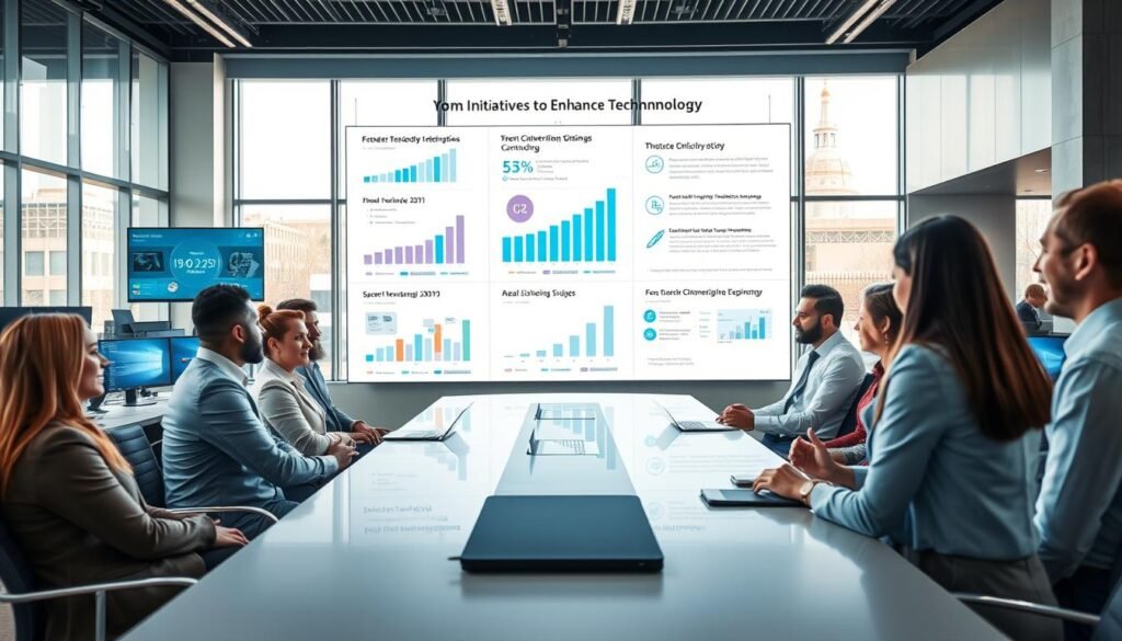 A modern government office scene illustrating the initiatives to enhance technology usage. In the foreground, a diverse group of professionals in business attire are engaged in a lively discussion around a sleek conference table, showcasing their collaboration on digital projects. The middle ground features a large digital screen displaying graphs and statistics on technology adoption, with infographics demonstrating success stories from recent initiatives. The background captures high-tech workspaces equipped with advanced computers and digital tools, accented by bright, natural lighting coming through large windows. The atmosphere is inspiring and innovative, reflecting a spirit of progress in the realm of digital citizenship initiatives in the Arab world. Aim for a dynamic angle that emphasizes teamwork and forward-thinking. A modern government office scene illustrating the initiatives to enhance technology usage. In the foreground, a diverse group of professionals in business attire are engaged in a lively discussion around a sleek conference table, showcasing their collaboration on digital projects. The middle ground features a large digital screen displaying graphs and statistics on technology adoption, with infographics demonstrating success stories from recent initiatives. The background captures high-tech workspaces equipped with advanced computers and digital tools, accented by bright, natural lighting coming through large windows. The atmosphere is inspiring and innovative, reflecting a spirit of progress in the realm of digital citizenship initiatives in the Arab world. Aim for a dynamic angle that emphasizes teamwork and forward-thinking.