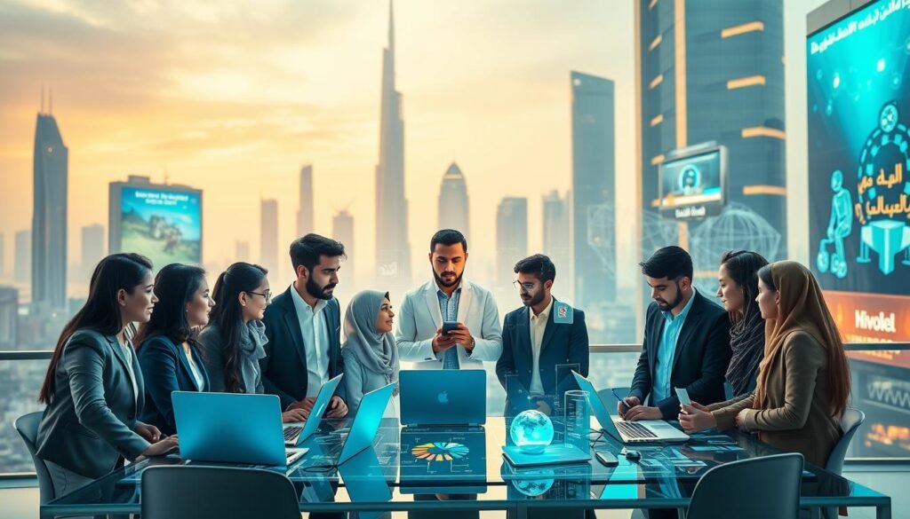 A vibrant and engaging scene depicting a group of young Arab innovators collaborating on digital technology projects, symbolizing "مبادرة أبطال المستقبل". In the foreground, a diverse group of individuals, dressed in professional business attire, are gathered around a high-tech workspace with laptops and digital devices. In the middle, they are engaged in spirited discussions, showcasing ideas through holograms and interactive screens. The background features a modern cityscape, with sleek skyscrapers and digital billboards illustrating innovation and technology. Soft, inviting lighting enhances the atmosphere, suggesting a sense of hope and future possibilities. Capture the spirit of teamwork and creativity, with a focus on collaboration in digital citizenship initiatives in the Arab world. A vibrant and engaging scene depicting a group of young Arab innovators collaborating on digital technology projects, symbolizing "مبادرة أبطال المستقبل". In the foreground, a diverse group of individuals, dressed in professional business attire, are gathered around a high-tech workspace with laptops and digital devices. In the middle, they are engaged in spirited discussions, showcasing ideas through holograms and interactive screens. The background features a modern cityscape, with sleek skyscrapers and digital billboards illustrating innovation and technology. Soft, inviting lighting enhances the atmosphere, suggesting a sense of hope and future possibilities. Capture the spirit of teamwork and creativity, with a focus on collaboration in digital citizenship initiatives in the Arab world.